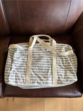 New Weekender Duffle Bag,Stripped Light Grey/Cream Neutrals, Cotton Canvas, Gym